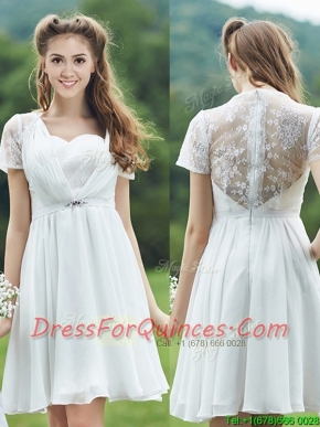 See Through Short Sleeves White Prom Dresses with Belt and Lace