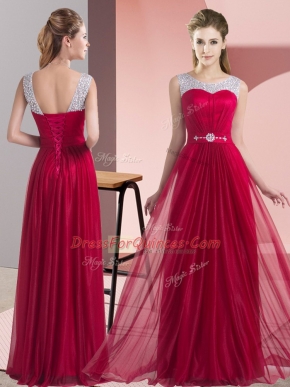 Perfect Scoop Sleeveless Dama Dress for Quinceanera Floor Length Beading and Belt Wine Red Chiffon
