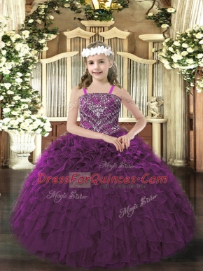 Floor Length Lace Up Little Girls Pageant Gowns Dark Purple for Party and Quinceanera with Beading and Ruffles