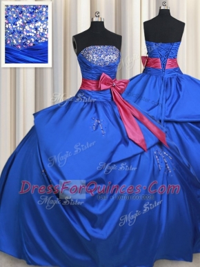 Free and Easy Sleeveless Taffeta Floor Length Lace Up 15 Quinceanera Dress in Blue with Beading and Bowknot