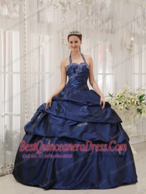 Navy Blue Ball Gown Halter Floor-length Taffeta Appliques Sweet 16 Dress