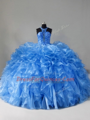 New Style Scoop Sleeveless Organza Quince Ball Gowns Beading and Ruffles Brush Train Zipper