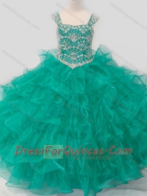 Top Selling Princess Straps Organza Turquoise Lace Up Little Girl Pageant Dress with Beading