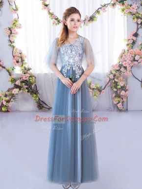 Dazzling Blue A-line Tulle V-neck Half Sleeves Lace Floor Length Lace Up Dama Dress