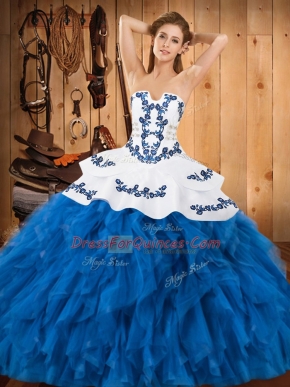 Sophisticated Blue And White Ball Gowns Strapless Sleeveless Satin and Organza Floor Length Lace Up Embroidery and Ruffles Sweet 16 Dress