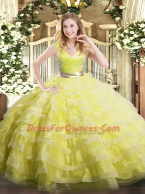 Smart Yellow Green Organza Zipper V-neck Sleeveless Floor Length Sweet 16 Dresses Ruffled Layers