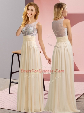Champagne Chiffon Side Zipper Scoop Sleeveless Floor Length Dama Dress Beading