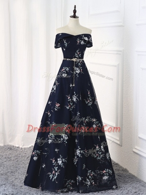Multi-color Off The Shoulder Neckline Beading and Belt Prom Evening Gown Sleeveless Lace Up