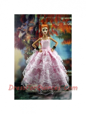 Luxurious Pink Gown With Ruffled Layers Lace For Barbie Doll