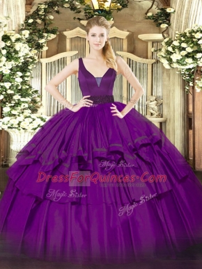 Fashion Purple Sleeveless Floor Length Beading and Ruffled Layers Zipper Sweet 16 Quinceanera Dress