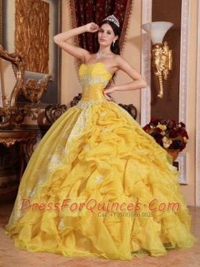 Sweetheart Appliques Organza Beading and Ruffels Ball Gown Dress in Yellow