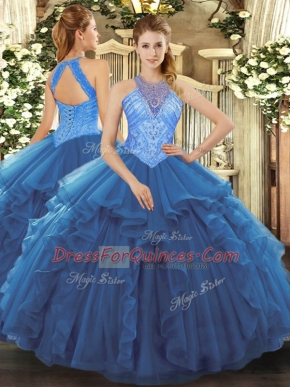 Blue High-neck Lace Up Beading and Ruffles Vestidos de Quinceanera Sleeveless