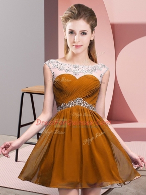 Scoop Sleeveless Mini Length Beading and Ruching Brown Chiffon