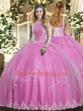 High-neck Sleeveless Quinceanera Gown Floor Length Beading and Appliques Rose Pink Tulle
