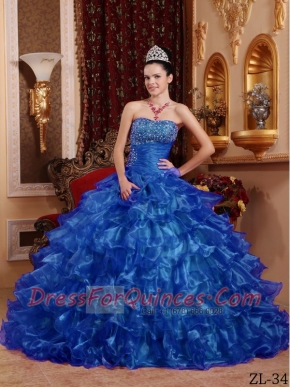 2014 Spring Quinceanera Dresses Blue Ball Gown Strapless Floor-length Organza