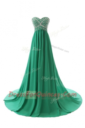 Chiffon Sweetheart Sleeveless Court Train Zipper Beading Prom Gown in Green