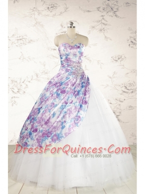 2015 Printed Multi-color Quinceanera Dresses with Beading and Ruching