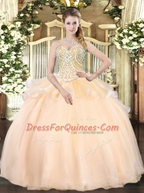 Sweetheart Sleeveless Sweet 16 Quinceanera Dress Floor Length Beading Champagne Organza