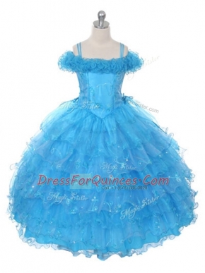 Ball Gowns Little Girls Pageant Dress Wholesale Baby Blue Off The Shoulder Organza Sleeveless Floor Length Lace Up