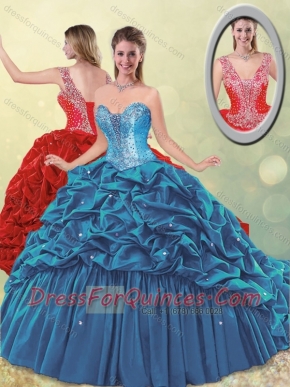 Classical Elegant Puffy Skirt Beaded Teal Quinceanera Dress with Brush Train