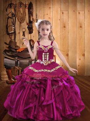 Floor Length Fuchsia Little Girls Pageant Dress Wholesale Organza Sleeveless Embroidery and Ruffles