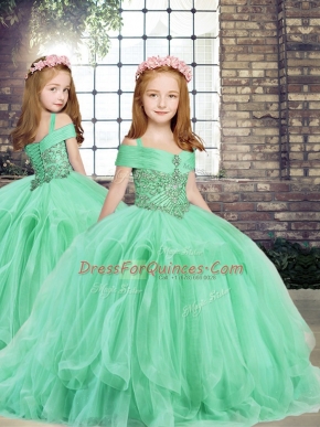 Straps Sleeveless Tulle Kids Pageant Dress Beading and Ruffles Lace Up