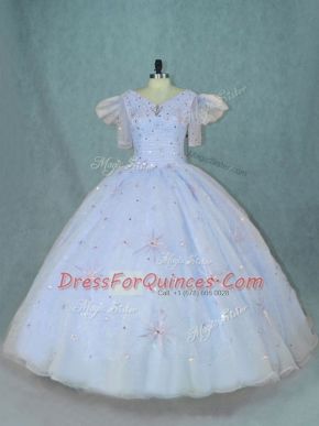 Light Blue Ball Gowns Organza V-neck Short Sleeves Beading Floor Length Zipper Sweet 16 Quinceanera Dress