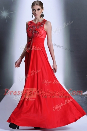Flare Red Prom Gown Prom and Party and For with Hand Made Flower Bateau Sleeveless Zipper