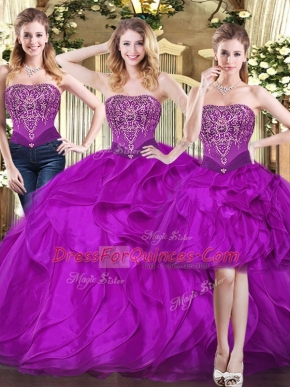 Beauteous Strapless Sleeveless Quinceanera Gown Floor Length Beading and Ruffles Fuchsia Tulle