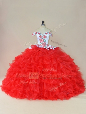Artistic Brush Train Ball Gowns Sweet 16 Quinceanera Dress White And Red Off The Shoulder Organza Sleeveless Lace Up