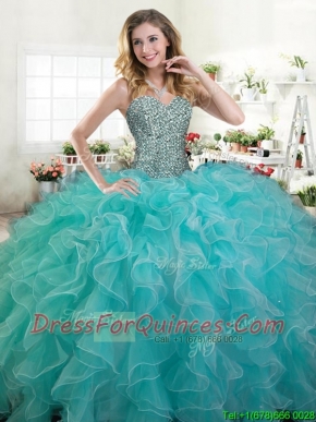 Lovely Turquoise Organza Quinceanera Dress with Beading and Ruffles