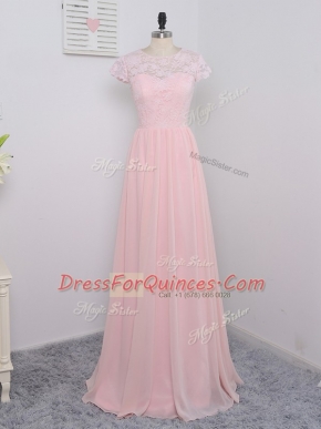 Cute Short Sleeves Chiffon Floor Length Zipper Dama Dress for Quinceanera in Baby Pink with Lace