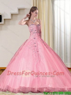 Cheap Baby Pink 2015 Sweetheart Quince Dresses with Beading and Appliques