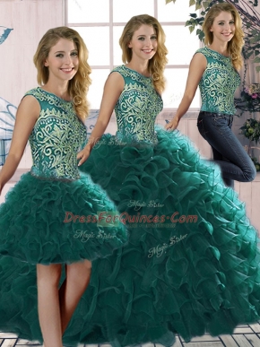 Peacock Green Lace Up Quinceanera Gown Beading and Ruffles Sleeveless Floor Length