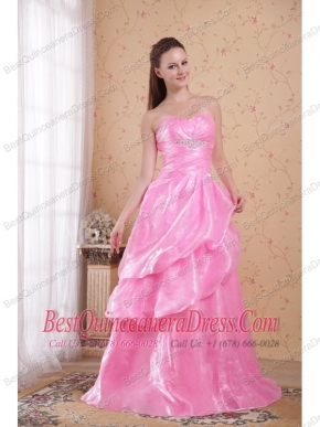 Rose Pink A-line / Princess Sweetheart Brush Train Organza Beading and Ruch Prom / Celebrity Dress
