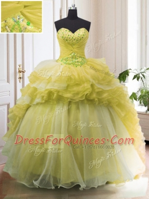 Stylish With Train Light Yellow 15th Birthday Dress Organza Court Train Sleeveless Beading and Ruffled Layers