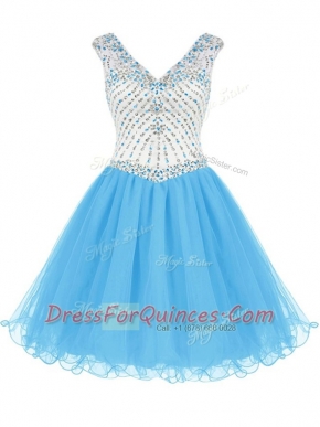 Top Selling Beading Dress for Prom Baby Blue Zipper Sleeveless Mini Length