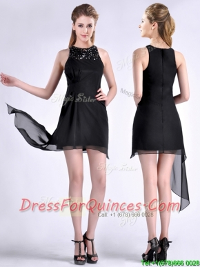 Modern Scoop Asymmetrical Black Chiffon Prom Dress with Beading