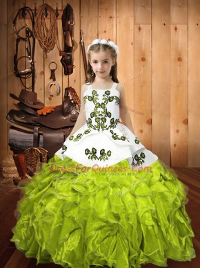 Straps Sleeveless Organza Kids Pageant Dress Embroidery and Ruffles Lace Up