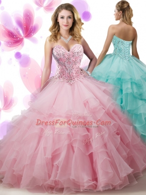 Fantastic Sleeveless Organza Floor Length Lace Up Sweet 16 Quinceanera Dress in Pink with Beading and Ruffled Layers