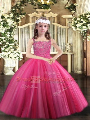 Custom Design Floor Length Lace Up Glitz Pageant Dress Hot Pink for Party and Sweet 16 and Quinceanera and Wedding Party with Beading