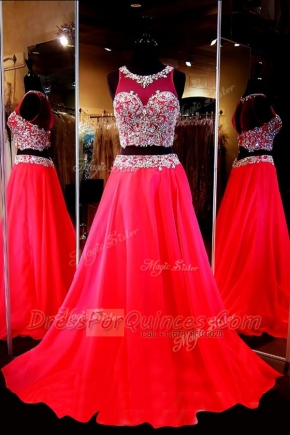 Red Prom Evening Gown Prom and Party and For with Beading Scoop Sleeveless Sweep Train Backless