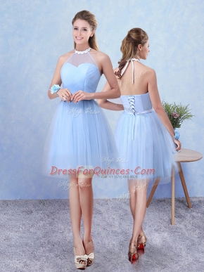Traditional Blue Tulle Lace Up Quinceanera Dama Dress Sleeveless Knee Length Ruching
