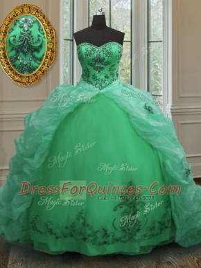 Romantic Green Organza Lace Up Sweetheart Sleeveless With Train Quinceanera Dresses Court Train Beading and Appliques and Pick Ups