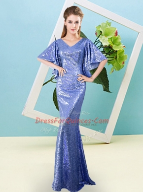 Excellent Blue Sequined Zipper V-neck Half Sleeves Floor Length Dress for Prom Sequins