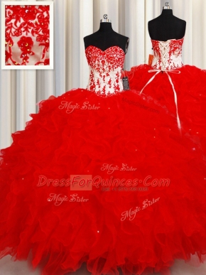 Sexy Red Sweetheart Neckline Beading and Appliques and Ruffles and Sequins Ball Gown Prom Dress Sleeveless Lace Up