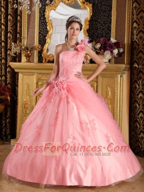 Elegant Watermelon Ball Gown One Shoulder Floor-length Appliques Tulle Quinceanera Dress