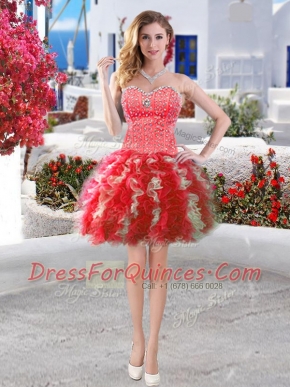 Red Ball Gowns Organza Sweetheart Sleeveless Beading and Ruffles Mini Length Lace Up