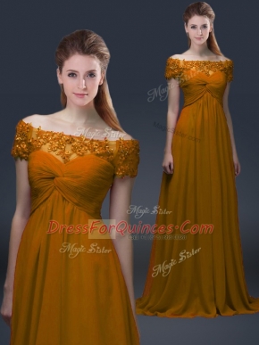 Beautiful Brown Empire Off The Shoulder Short Sleeves Chiffon Floor Length Lace Up Appliques