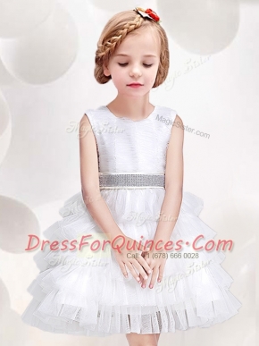 Smart White Scoop Neckline Ruffled Layers and Sequins and Bowknot Flower Girl Dresses Sleeveless Zipper